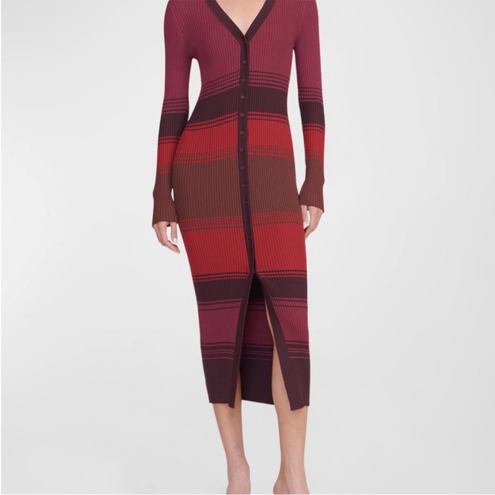 STAUD Striped Ribbed Midi Dress in Berry, Red and Brown